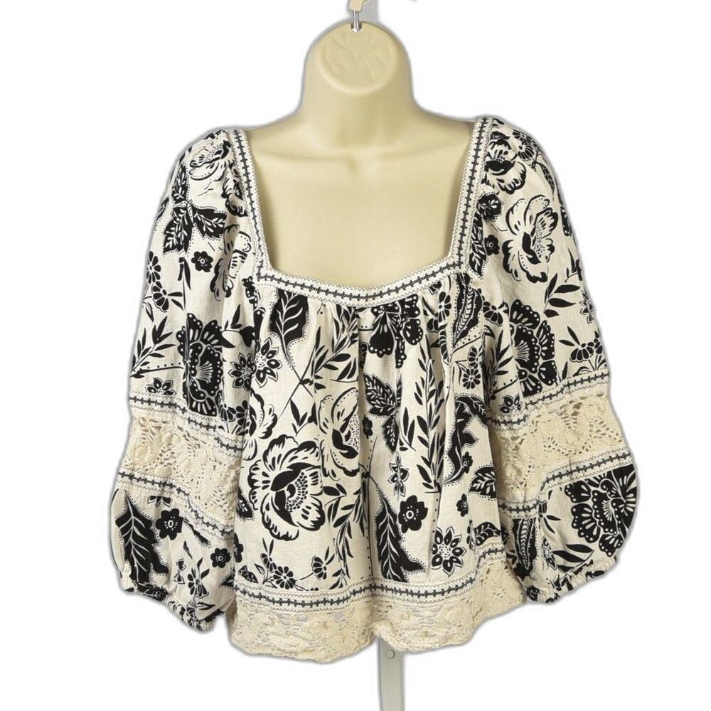 Christian Siriano Bohemian Hippie Chic Floral Blouse Lace Puff Sleeve Size L